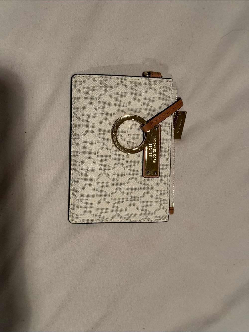 Michael Kors Cream Logo Zip Card Case with Tan Trim and Gold Hardware